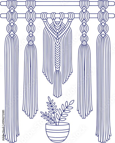 Macrame wall hanging with plant in pot vector illustration boho style with hanging decoration decorative