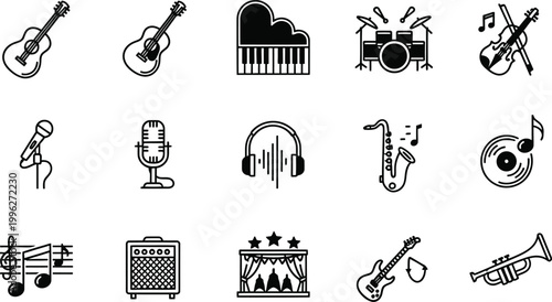 A collection of black and white music icons and instruments on a white background