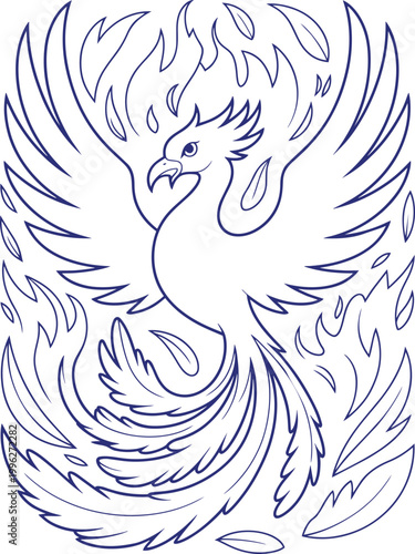 Phoenix bird vector illustration line art with fire flames and feathers for coloring page or tattoo art