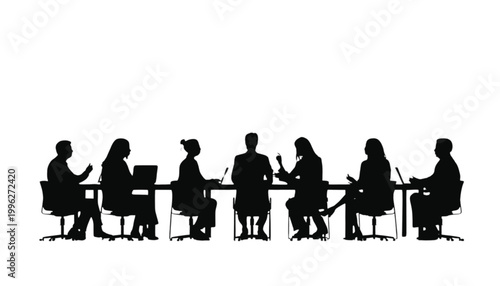 Colleagues sit around a long conference table to conduct a formal business meeting and discuss strategy.