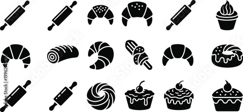 A set of black and white bakery icons including pastries and baking tools in a flat design style