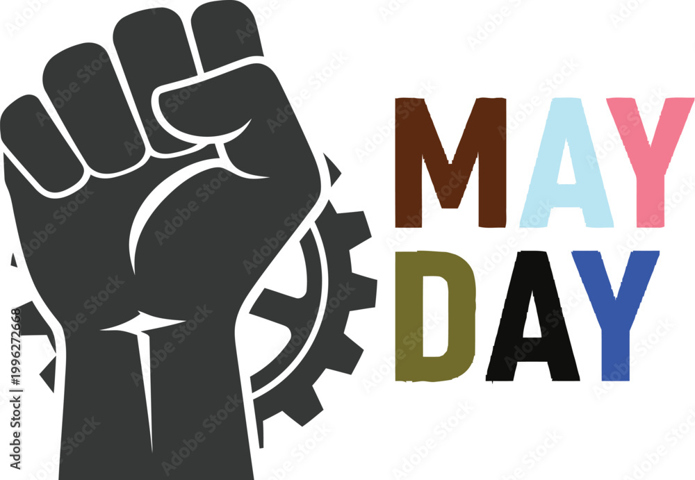 Naklejka premium raised fist with may day text on white background