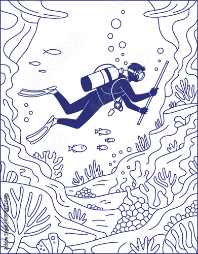 Scuba diver exploring underwater coral reef with fish and bubbles vector illustration style with ocean