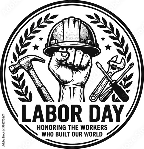 labor day emblem with tools and hard hat