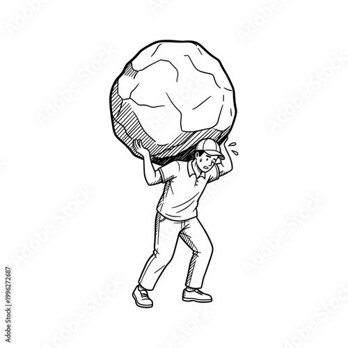 A man straining to carry a heavy boulder on his back, showcasing extreme physical effort. This hand-drawn illustration is ideal for business metaphors about workload, resilience presentations.