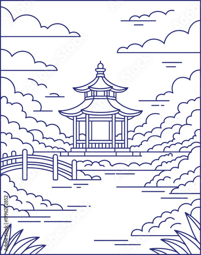 Traditional asian pagoda vector illustration with bridge and garden line art landscape for coloring