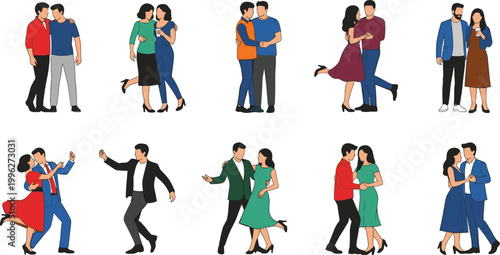 Couples in Love Posing, Dancing, and Hugging in Various Romantic and Casual Outfits for Valentine's Day, Relationship, and Romantic Concept Designs