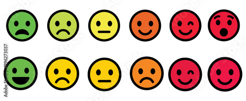 Set of emoticons representing different emotions and feelings, from sad to happy, used for feedback and surveys