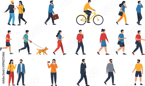 Urban People Character Set with Walking, Cycling, Running, and Everyday Activity Poses for City, Lifestyle, and Social Scene Designs