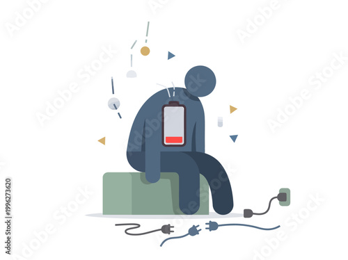 Depicted is a visually striking illustration of a person slumped over, with a prominent battery icon indicating a low charge, symbolizing exhaustion and lack of energy