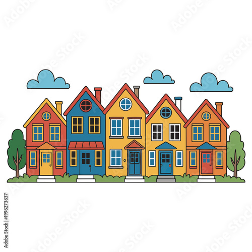A colorful illustration of houses in a suburban neighborhood setting