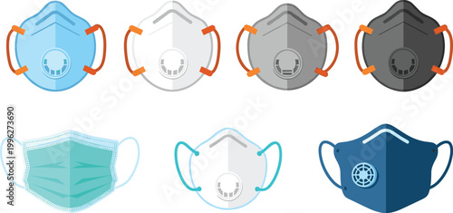 Medical and N95 Face Mask Icon Set with Surgical, Respirator, and Protective Masks for Health, Safety, and Pandemic Design Projects