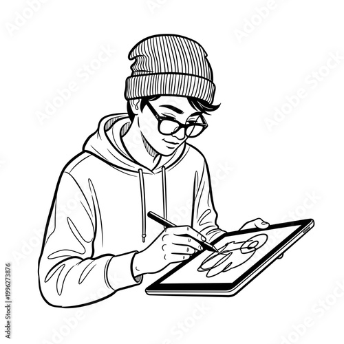 A young digital artist drawing on a tablet. This hand-drawn illustration is suitable for graphic design blogs, creative workshops, freelance websites, and educational materials for modern digital arts