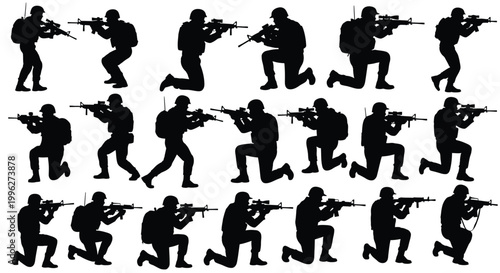 Soldiers in combat poses firing weapons a stark black silhouette