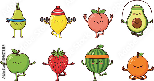 Cute Cartoon Fruit Characters Exercising and Doing Yoga with Apple, Avocado, Strawberry, Watermelon, and Orange for Healthy Lifestyle Designs