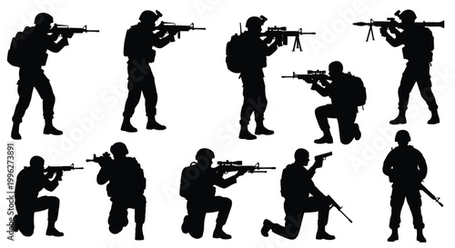 Soldiers in combat poses with weaponry a stark black silhouette