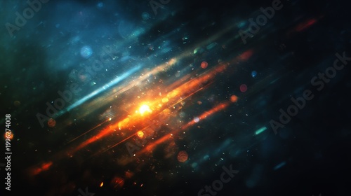 Abstract cosmic particles with orange and blue light streaks moving through dark space background.