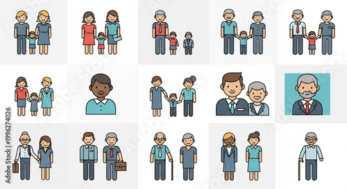 Diverse Family Group Icons Representing Generations and Relationships.