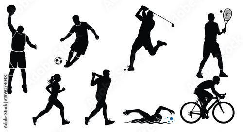 Diverse athletic figures engaged in various sports a black silhouette