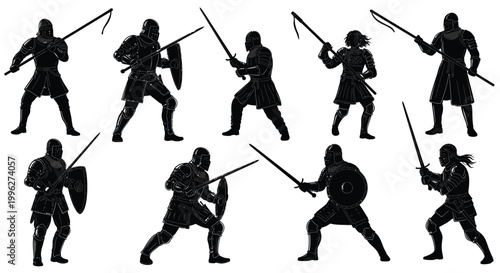Medieval warriors in dynamic poses with swords and shields black silhouette