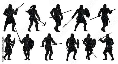 Group of medieval warriors in dynamic poses a striking black silhouette