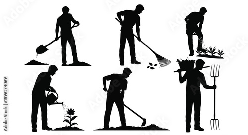 Gardeners performing various tasks with tools depicted in black silhouette