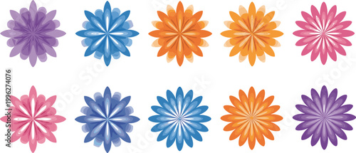 Colorful layered flower shapes collection with radial petal designs, decorative floral elements set for modern design isolated on light background vector illustration