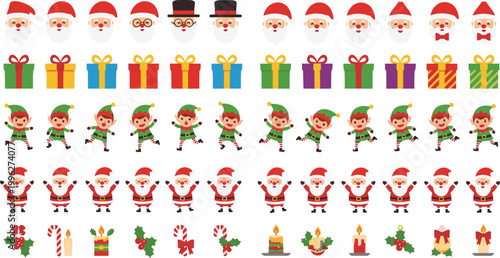 Christmas Icon Collection with Santa Claus, Elf, Gift Boxes, Candles, Holly, and Candy Cane for Festive Holiday and Xmas Designs