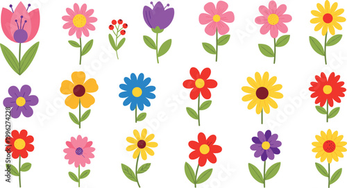 Cute colorful flower collection with simple floral designs, cartoon garden blossoms and leaves set isolated on light background vector illustration