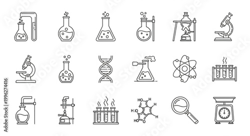 Collection of hand-drawn science laboratory equipment icons.