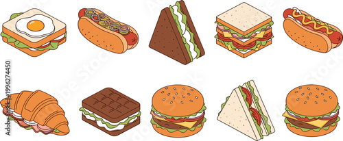 Fast food and sandwich icons collection with burgers hot dogs croissant waffle and layered sandwiches, colorful snack set isolated on light background vector illustration