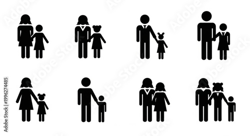 Set of family icons representing parents and children in various poses.