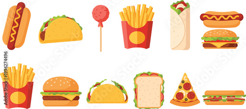 Fast food collection with burgers fries hot dogs tacos pizza and sandwiches, colorful street food set isolated on light background vector illustration