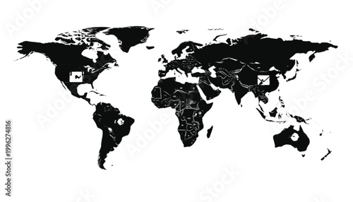 World map features circular icons placed over regions to illustrate international data distribution.