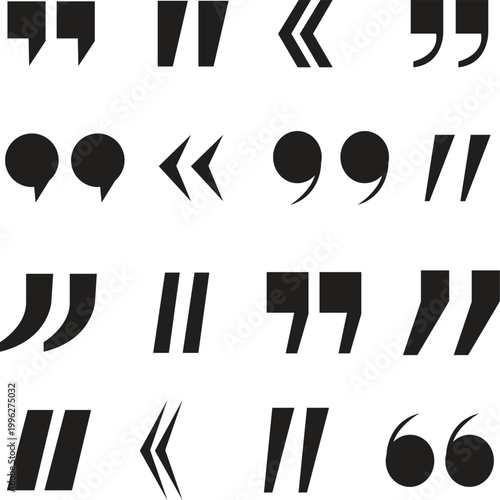 Quote marks icon set collection group quotation symbol speech punctuation vector illustration black solid outline minimal typography text design element icon pack