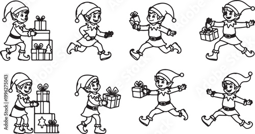 Christmas Elf, Santa Helper, Gift Delivery, Cartoon Characters, Vector Icons