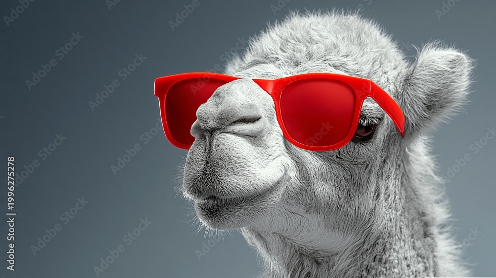 Fototapeta premium Red sunglasses frame a curious camel's face. Soft fur contrasts with bold, colorful lenses. The camel gazes forward with calm, friendly eyes. Ideal for humor or whimsical branding projects