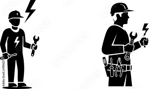Electrician silhouette vector set, professional electrical contractor with tools and lightning bolt, repairman technician icons for industrial service
