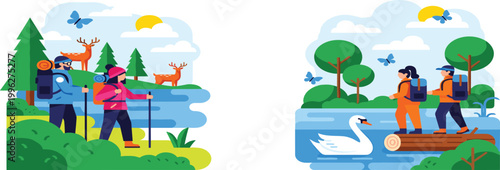 Outdoor adventure scenes with hikers exploring forest and river landscapes, people trekking camping and enjoying nature travel illustration set