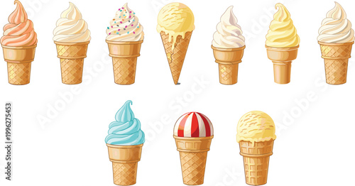 Ice cream cones collection with vanilla chocolate and colorful flavors, sweet frozen dessert set with waffle cones isolated on light background vector illustration
