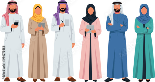 Group of Middle Eastern Men and Women Wearing Traditional Clothing and Using Digital Devices for Business or Social Activities