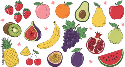 Fresh and Colorful Fruit Illustration Set with Various Fruits for Healthy Lifestyle, Food Blogs, and Packaging Designs