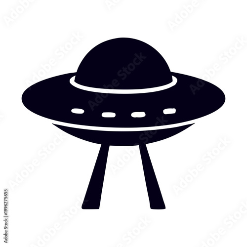 Minimalist UFO flying saucer vector icon, black alien spaceship silhouette, futuristic unidentified flying object graphic for sci-fi and space themes