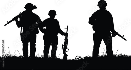Soldiers silhouettes standing with rifles on field representing military defense and readiness