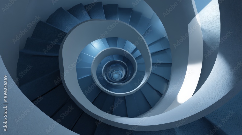 Fototapeta premium Abstract view of spiraling blue staircase receding into distant light.