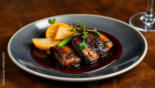 food elegant expensive dish plate dark black gourmet dinner chef, realistic. White tone