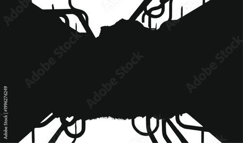 Cables extend from a dark central mass toward the edges of a bright white frame showing complex connectivity.