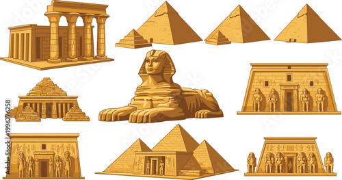 Ancient Egyptian Landmarks Set with Pyramids Sphinx Temples and Hieroglyphic Architecture Golden Illustration Collection