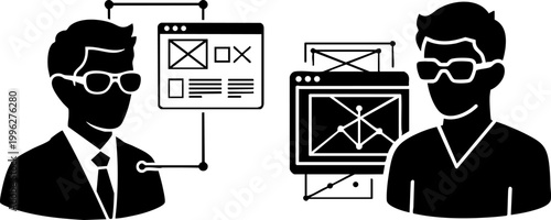 Augmented reality smart glasses vector illustration, men wearing AR eyewear for interface design, virtual reality software development icons