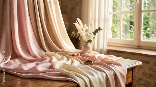 Pink fabric folds flow across wooden table near window with dried flower.